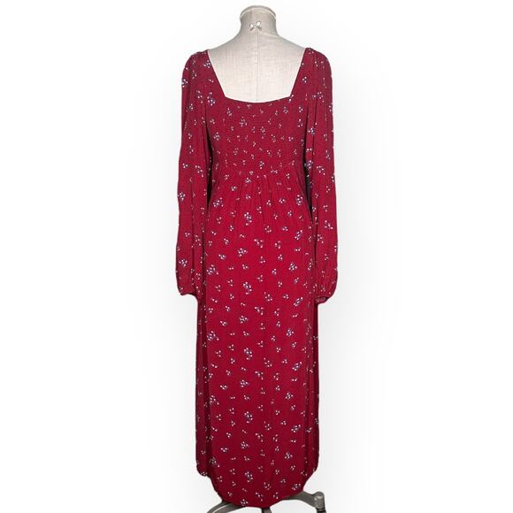 FREE PEOPLE Red Midi IRIS Dress Smocked Square Neck Puff Sleeve Cottagecore S - Picture 8 of 12
